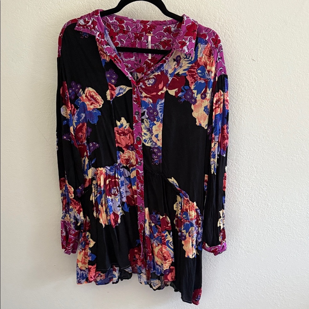 Free People Black and Purple Floral Blouse